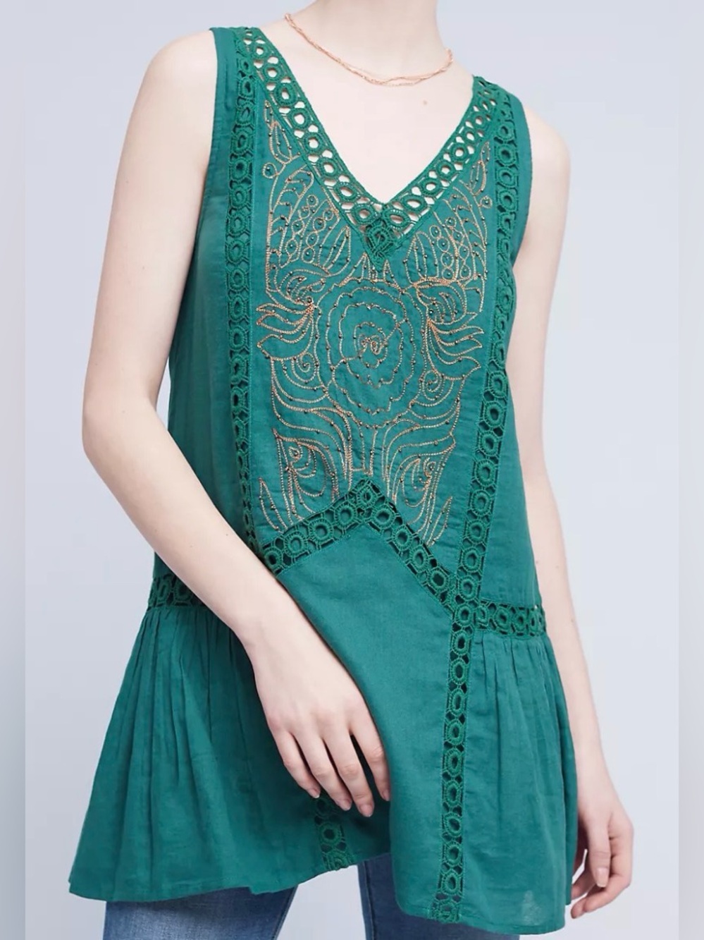 Chloe Oliver x Anthropologie Francesca Beaded Tunic | Emerald | Size XS | NWT